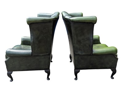 Lot 1047 - PAIR OF GREEN LEATHER CHESTERFIELD ARMCHAIRS