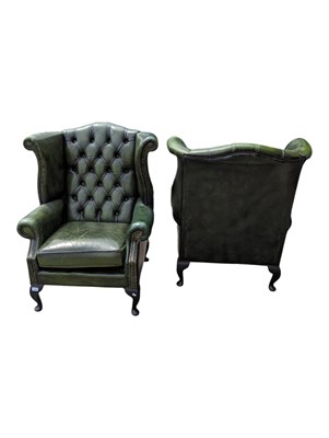 Lot 1047 - PAIR OF GREEN LEATHER CHESTERFIELD ARMCHAIRS