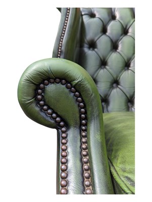 Lot 1047 - PAIR OF GREEN LEATHER CHESTERFIELD ARMCHAIRS