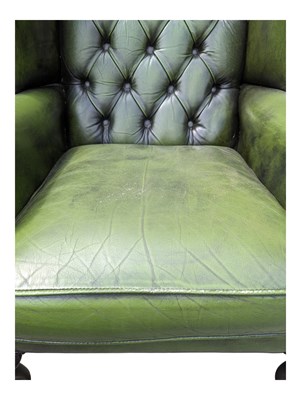 Lot 1047 - PAIR OF GREEN LEATHER CHESTERFIELD ARMCHAIRS