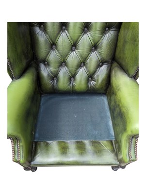 Lot 1047 - PAIR OF GREEN LEATHER CHESTERFIELD ARMCHAIRS