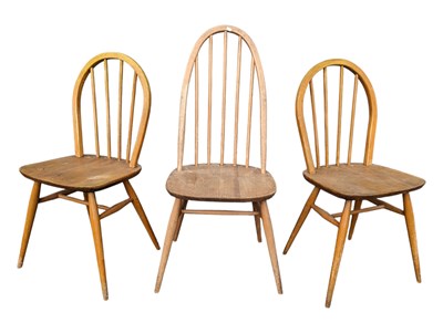 Lot 1042 - THREE VINTAGE 20TH CENTURY STICK BACK ELM WINDSOR DINING CHAIRS