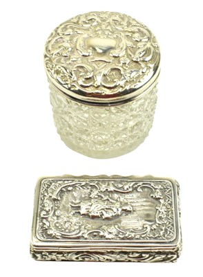 Lot 67 - VICTORIAN HALLMARKED SILVER SNUFF BOX & SILVER & GLASS DRESSING TABLE JAR