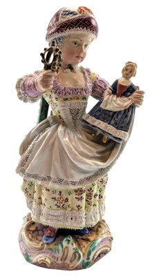 Lot 73 - MEISSEN (BELIEVED) - 19TH CENTURY PORCELAIN FIGURINE OF GIRL WITH BONNET & DOLL