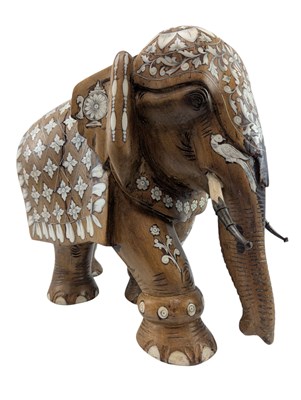 Lot 77 - LATE 19TH / EARLY 20TH CENTURY INDIAN CARVED WOOD & HOSHIARPUR BONE INLAID ELEPHANT