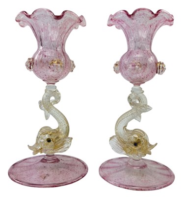 Lot 45 - MURANO - PAIR OF VINTAGE GLASS CANDLESTICK CENTREPIECES WITH GILT DOLPHIN STEMS