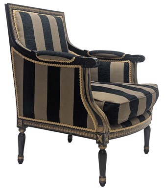 Lot 18 - FRENCH LOUIS XVI STYLE EBONISED & UPHOLSTERED BERGERE ARMCHAIR