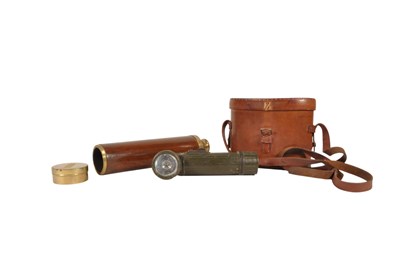 Lot 254 - 19TH CENTURY TELESCOPE WITH BINOCULARS AND RIGHT ANGLE TORCH