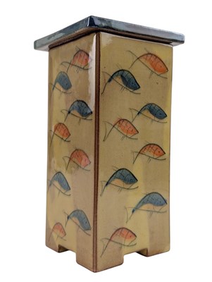 Lot 185 - PHILIP & FRANNIE LEACH - STUDIO ART POTTERY LIDDED VASE OF SQUARED FORM WITH PAINTED FISH
