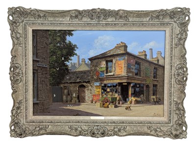 Lot 250 - EDWARD HERSEY (B. 1948) - OIL ON CANVAS STREET SCENE WITH ENAMEL SIGNS