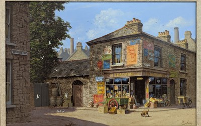 Lot 250 - EDWARD HERSEY (B. 1948) - OIL ON CANVAS STREET SCENE WITH ENAMEL SIGNS