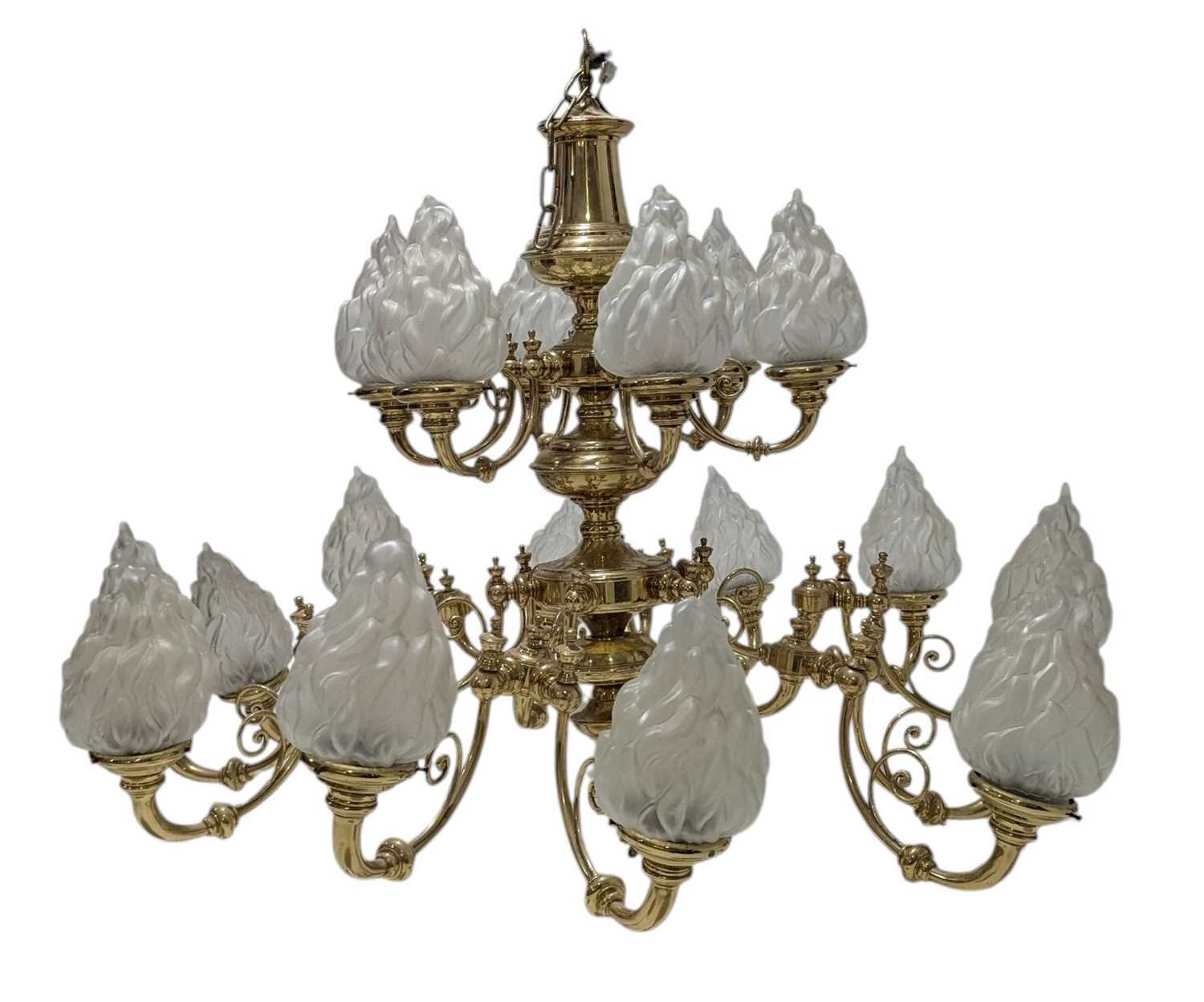 Lot 565 - LARGE 20TH CENTURY GILT METAL & FLAME GLASS SHADES TWIN SIX-ARM CHANDELIER