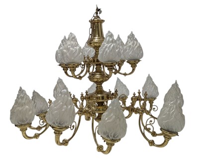 Lot 565 - LARGE 20TH CENTURY GILT METAL & FLAME GLASS SHADES TWIN SIX-ARM CHANDELIER