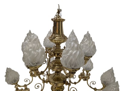 Lot 565 - LARGE 20TH CENTURY GILT METAL & FLAME GLASS SHADES TWIN SIX-ARM CHANDELIER