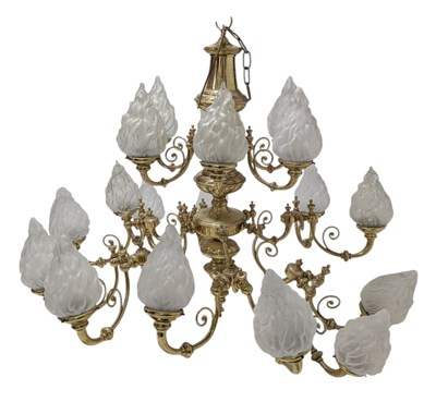 Lot 570 - LARGE 20TH CENTURY GILT METAL & FLAME GLASS SHADE TWIN SIX-ARM CHANDELIER