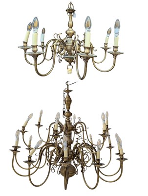 Lot 274 - TWO LARGE FLEMISH STYLE BRASS ESTATES TWELVE & SIX ARM CHANDELIERS