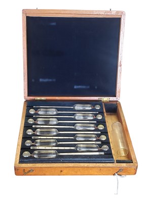 Lot 270 - TOWNSON & MERCER LTD TEN GLASS HYDROMETERS IN MAHOGANY CASE