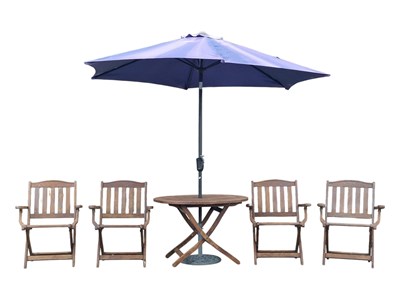 Lot 830 - CONTEMPORARY TEAK GARDEN TABLE & FOLDING CHAIRS