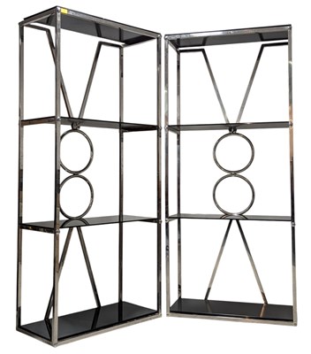 Lot 15 - PAIR OF CONTEMPORARY DESIGN CHROME & SMOKE GLASS BOOKCASES