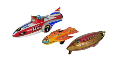 Lot 617 - TINPLATE TOYS - X3 VINTAGE FRICTION-POWERED SPACESHIPS