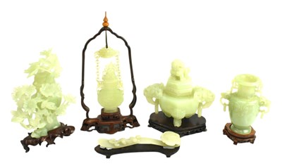 Lot 185 - COLLECTION OF FIVE JADE COLOURED FIGURES INCLUDING A CENSER