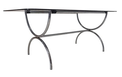Lot 223 - RETRO MID CENTURY CIRCA 1970S SMOKED GLASS & CHROME DINING TABLE
