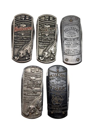 Lot 51 - HELLESENS - FIVE VINTAGE 20TH CENTURY BATTERY ADVERTISING PEN KNIVES