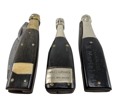 Lot 85 - THREE VINTAGE 20TH CENTURY ADVERTISING CHAMPAGNE BOTTLE PENKNIVES