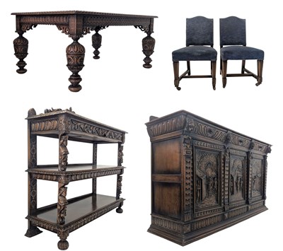 Lot 253 - CONTINENTAL INTRICATELY CARVED OAK DINING SUITE -BUFFET, CREDENZA WITH TABLE & CHAIRS