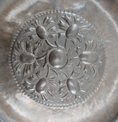 Lot 130 - BELIEVED JOHN PEARSON, NEWLYN SCHOOL, REPOUSSE COPPER FLORAL CHARGER