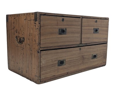 Lot 617 - 19TH CENTURY BRASS BOUND TEAK CAMPAIGN CHEST TRUNK