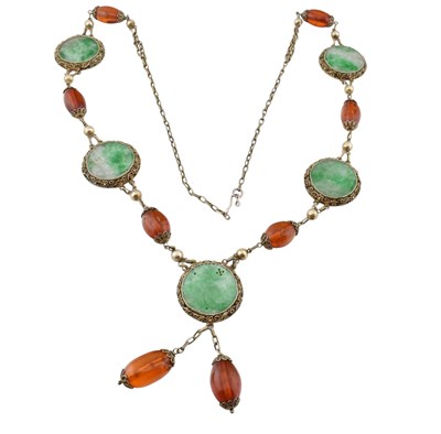 Lot 193 - SILVER JADE & AMBER BEAD NEACKLACE