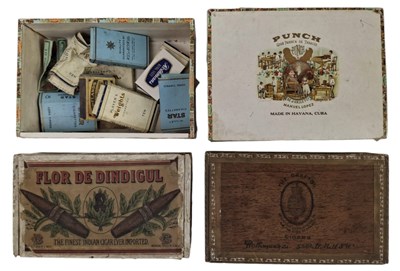 Lot 191 - FOUR EARLY 20TH CENTURY CIGAR BOXES, ONE CONTAINING SNUFF & ONE WITH EMPTY CIGARETTE PACKETS