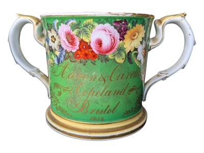 Lot 69 - MID 19TH CENTURY ENGLISH PORCELAIN LOVING CUP / MARRIAGE CUP