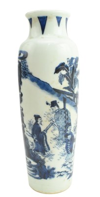 Lot 93 - QING DYNASTY/ REPUBLIC BLUE & WHITE PORCELAIN VASE 民国 青花人物筒瓶
