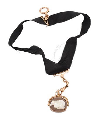 Lot 153 - VICTORIAN GOLD MOUNTED RIBBON WATCH CHAIN FOB