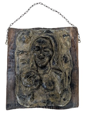 Lot 616 - MEDIEVAL INSPIRED COMPOSITE STONE RELIEF ECCLESIASTIC CARVING OF THE MATERNITY