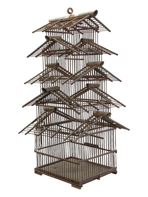 Lot 859 - VINTAGE BAMBOO THREE-TIER PAGODA BIRD CAGE