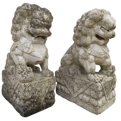 Lot 524 - PAIR OF CHINESE CARVED MARBLE TEMPLE DOGS OF FO / DRAGONS