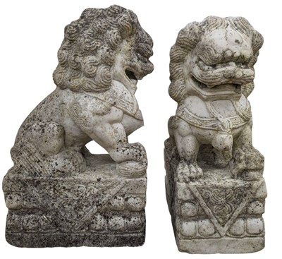 Lot 524 - PAIR OF CHINESE CARVED MARBLE TEMPLE DOGS OF FO / DRAGONS
