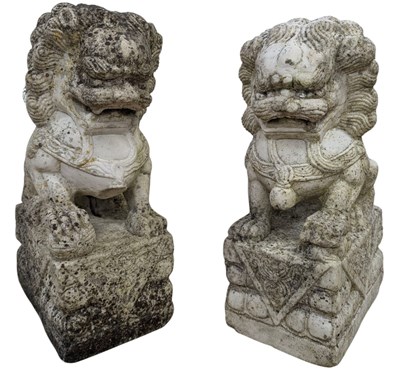 Lot 524 - PAIR OF CHINESE CARVED MARBLE TEMPLE DOGS OF FO / DRAGONS