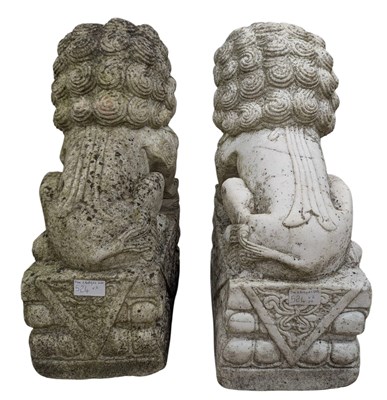 Lot 524 - PAIR OF CHINESE CARVED MARBLE TEMPLE DOGS OF FO / DRAGONS