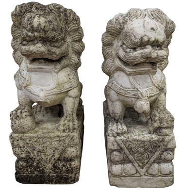 Lot 524 - PAIR OF CHINESE CARVED MARBLE TEMPLE DOGS OF FO / DRAGONS