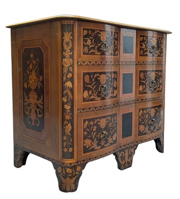 Lot 632 - FRENCH LOUIS XV INSPIRED WALNUT & SPECIMEN WOODS MARQUETRY SERPENTINE FRONT CHEST COMMODE