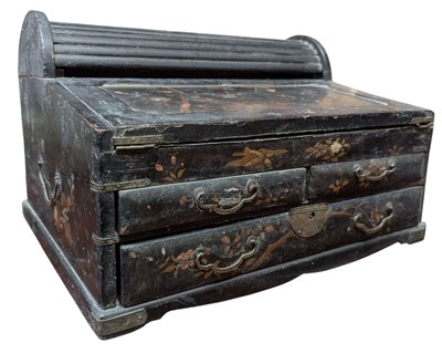 Lot 634 - CHINESE 19TH CENTURY CHINOISERIE & BLACK LAQUERED TAMBOUR TOP DESK STATIONERY CABINET