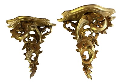 Lot 627 - PAIR OF FRENCH LOUIS XV STYLE GILT PAINTED WOOD WALL BRACKETS SHELVES