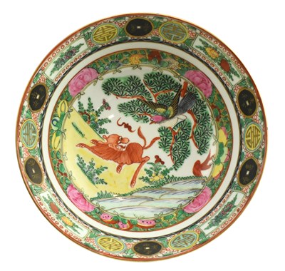 Lot 114 - REPUBLIC PERIOD CANTON FAMILLE ROSE BOWL 民国广彩欢天喜地纹盌