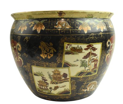 Lot 163 - LARGE JAPANESE SATSUMA PORCELAIN JARDINIERE 19世纪 日本 明治萨摩黑底彩绘缸