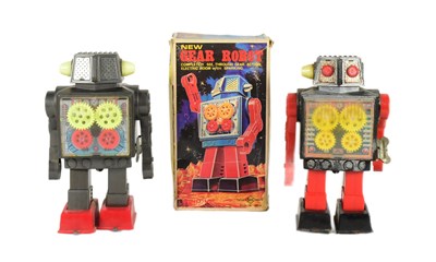 Lot 627 - TINPLATE TOYS - X2 VINTAGE JAPANESE HORIKAWA GEAR ROBOTS