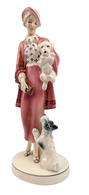 Lot 160 - KATZHUTTE HERTWIG & CO. - ART DECO PORCELAIN CABINET FIGURINE OF A LADY WITH DOGS